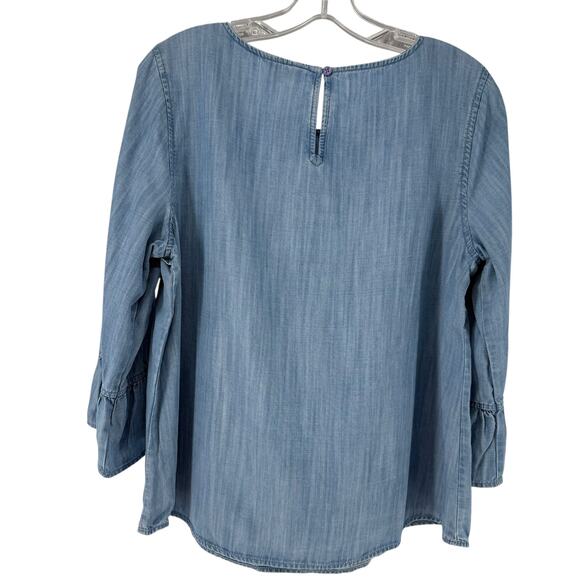 Crown And Ivy Chambray Top Ruffle Blue 3/4 Sleeve Petite Large Boho Preppy Flare - Picture 7 of 7
